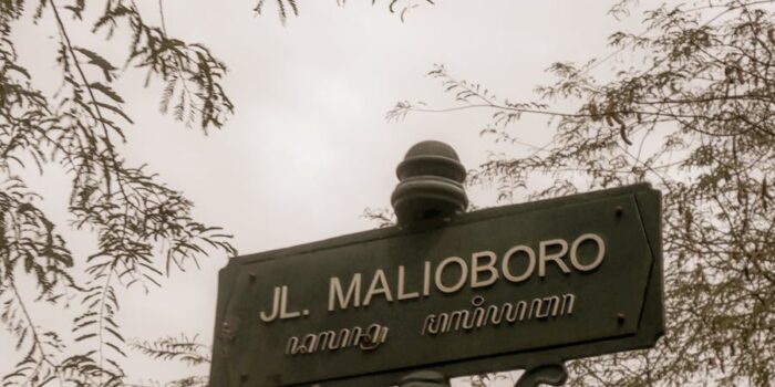 A street sign on Malioboro Road surrounded by tree branches, capturing a cultural landmark.