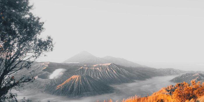 A scenic view of Mount Bromo with mist and sunrise lighting in East Java, Indonesia.